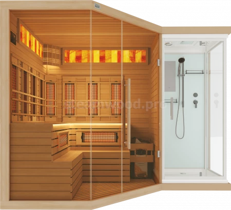 Четырехместная угловая комбинированная сауна Luxury  из кедра с Душевой кабиной